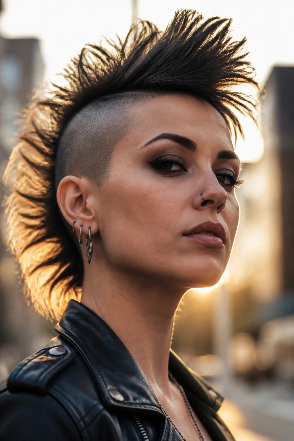 Portrait of a woman with a sharp mohawk silhouette in golden hour outdoor lighting.