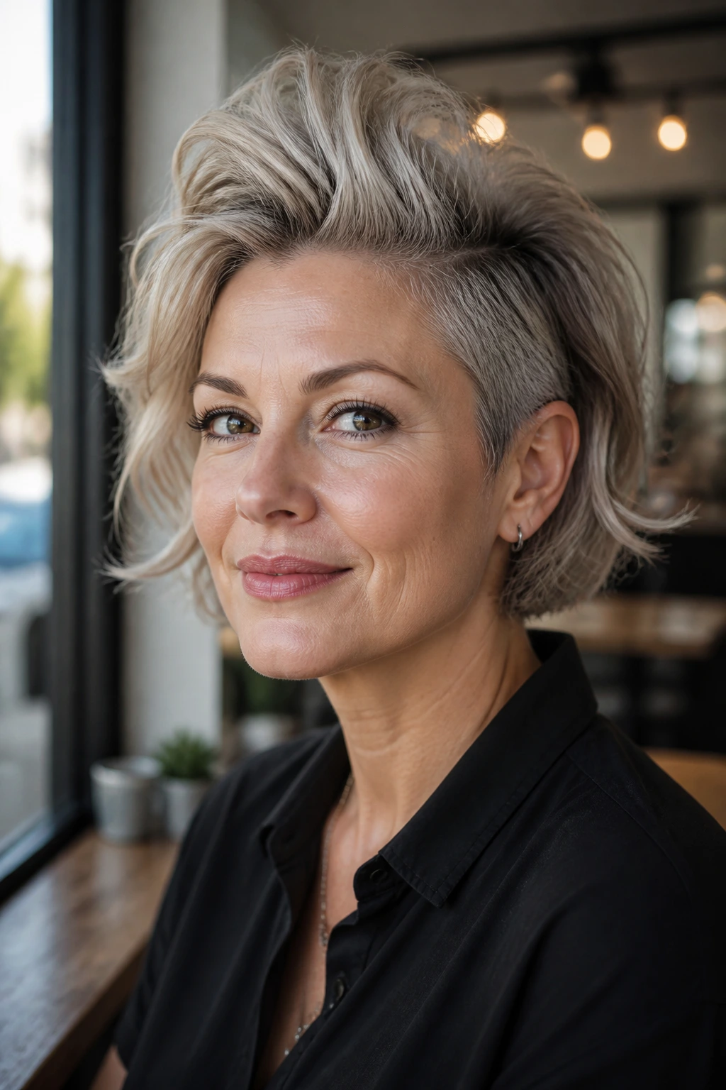 Portrait of a woman with a soft feminine mohawk bob in natural daylight at a cafe
