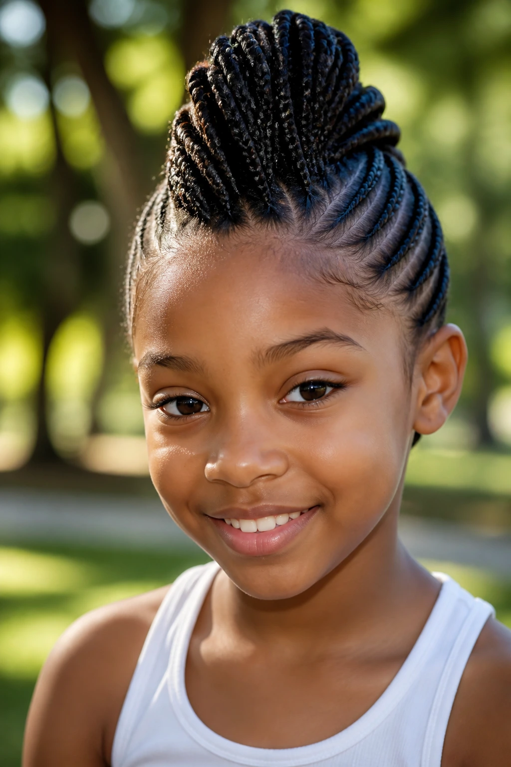 Close-up of a real child with a center mohawk of box braids, sides slicked back.