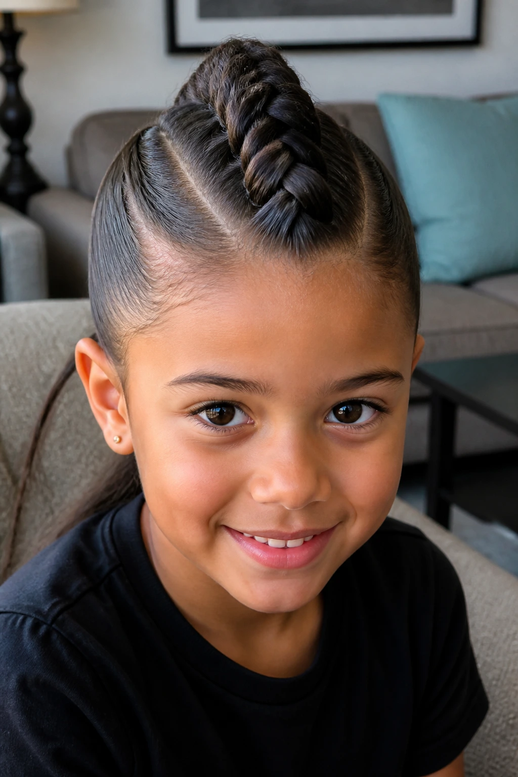 Portrait of a child with a center mohawk braid in a living room
