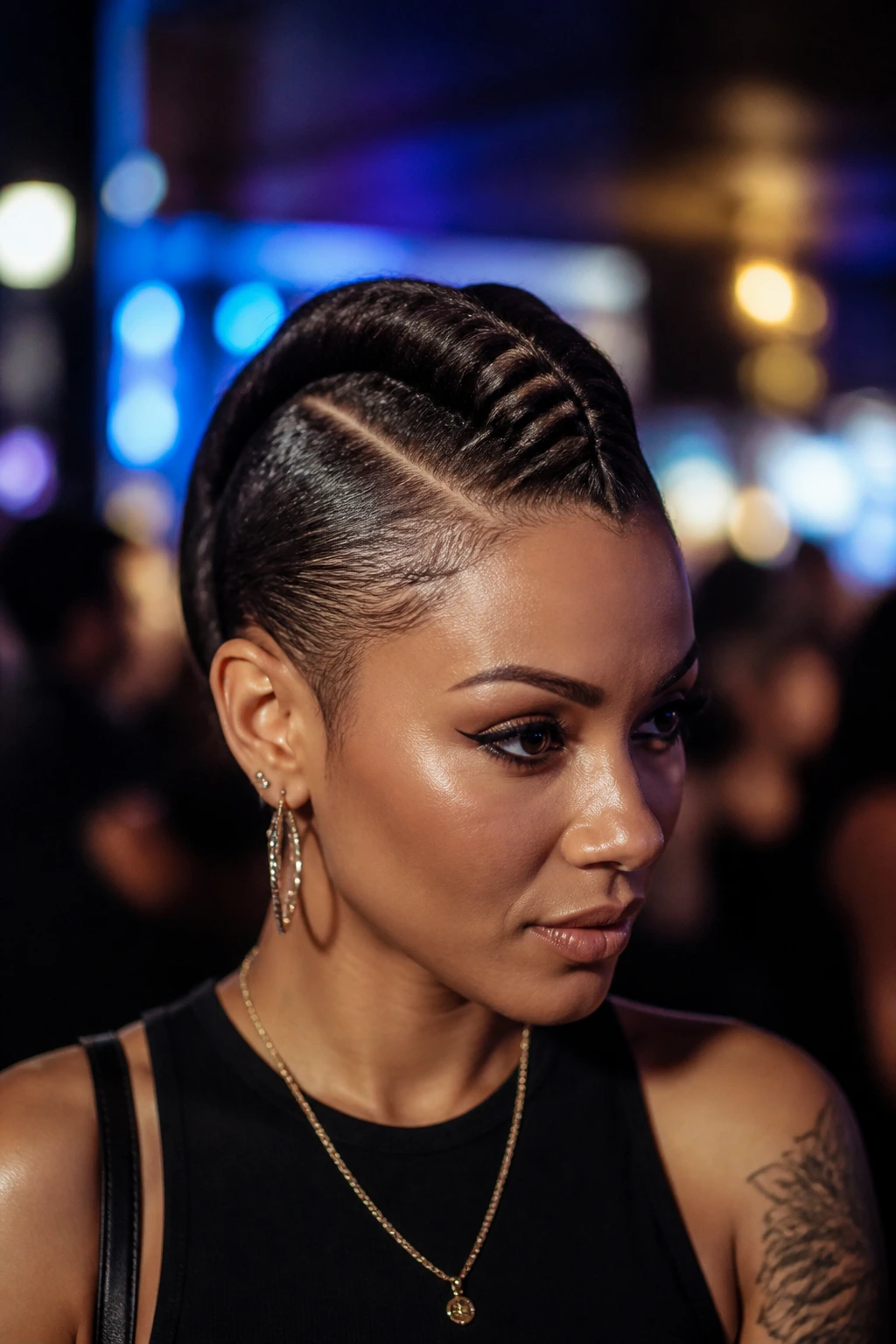 Close-up of real woman with center Mohawk braid and slicked-back sides
