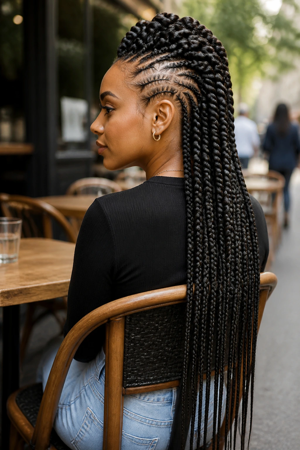 Portrait of a real person wearing a long mohawk braid with a centered ridge