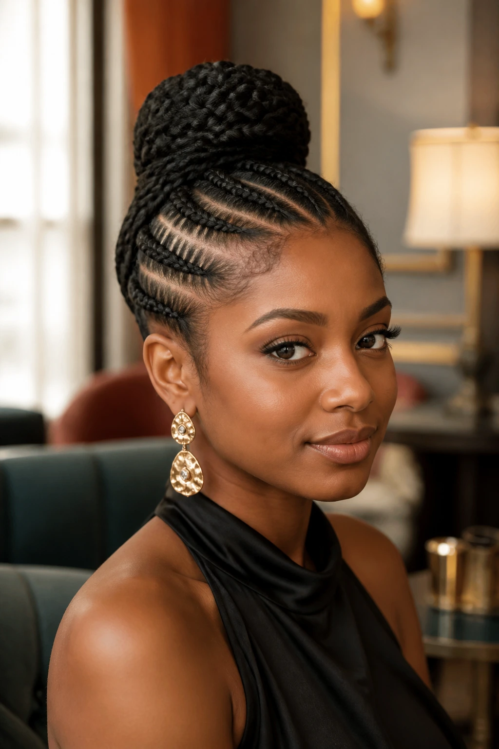 Real person with mohawk bun and braided sides in an indoor lounge