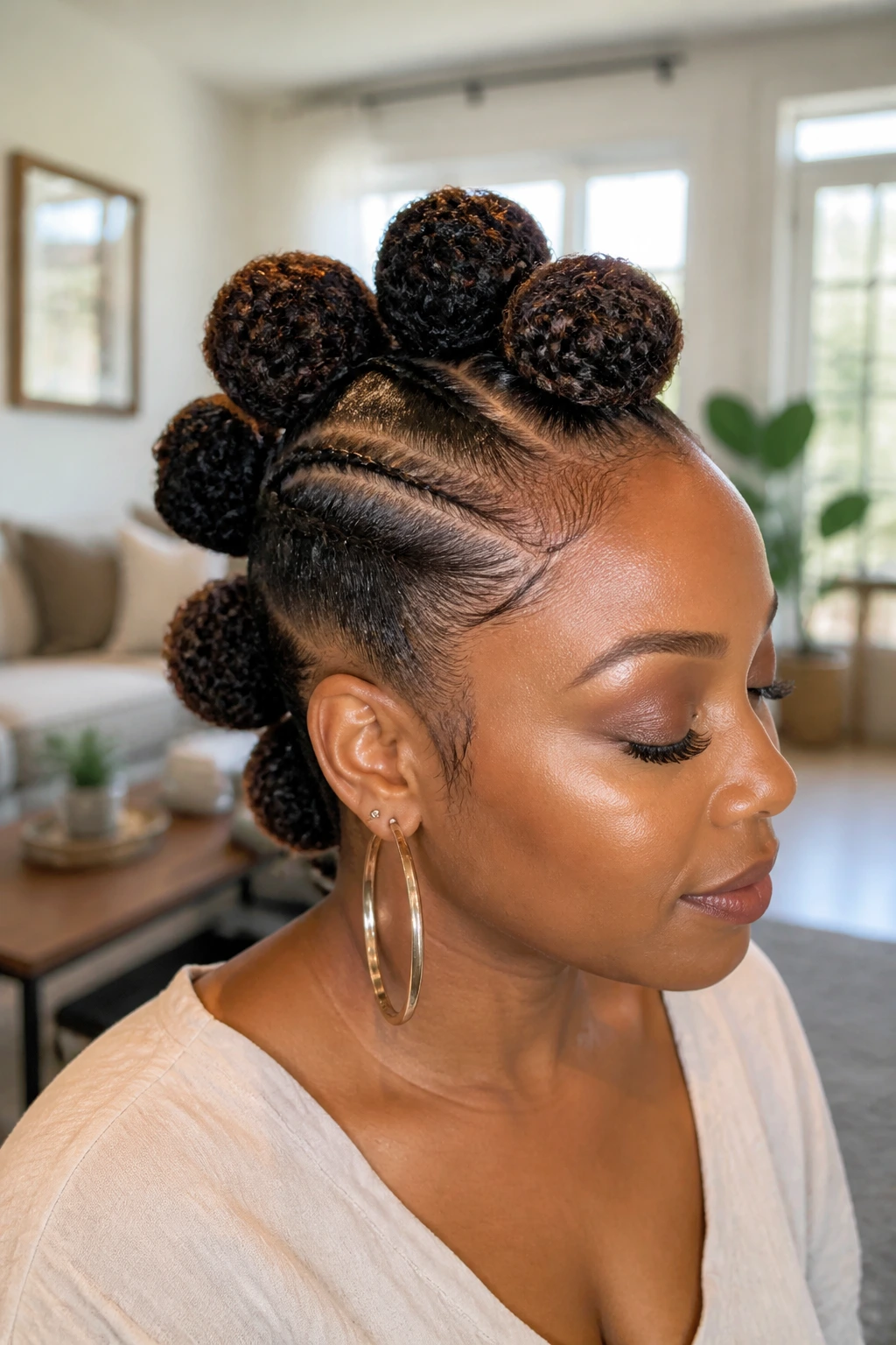 Close-up of a real woman with Mohawk Bun Frohawk featuring center buns