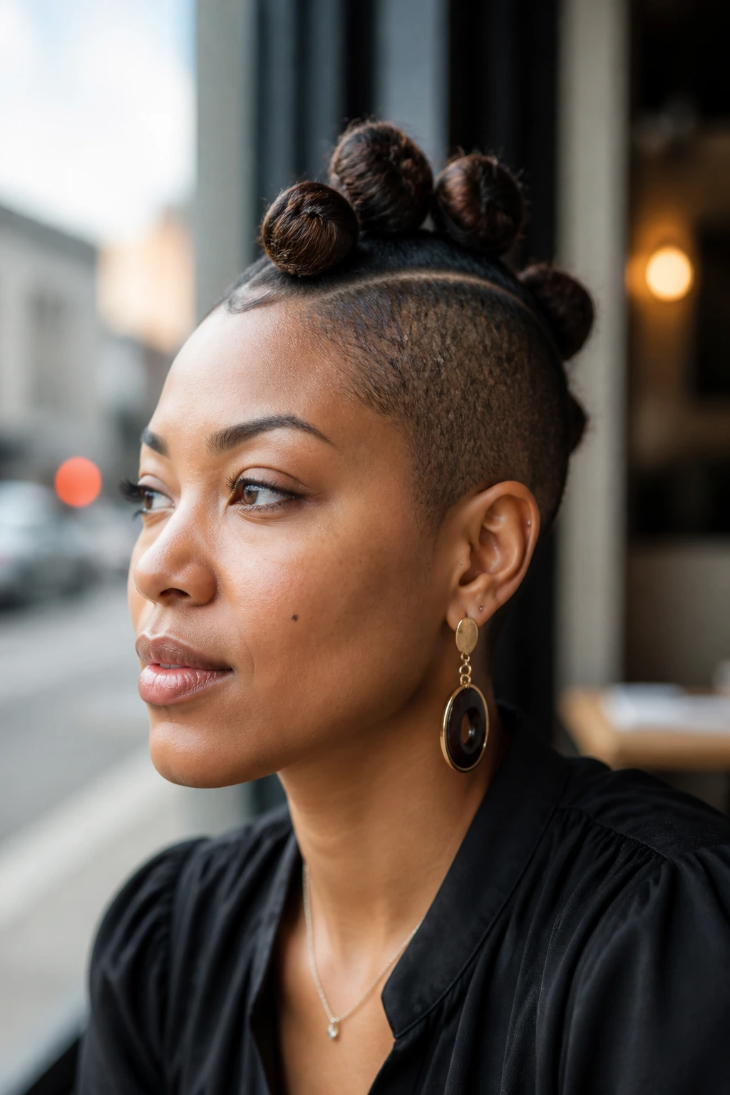 Portrait of a real woman with a mohawk bun hawk
