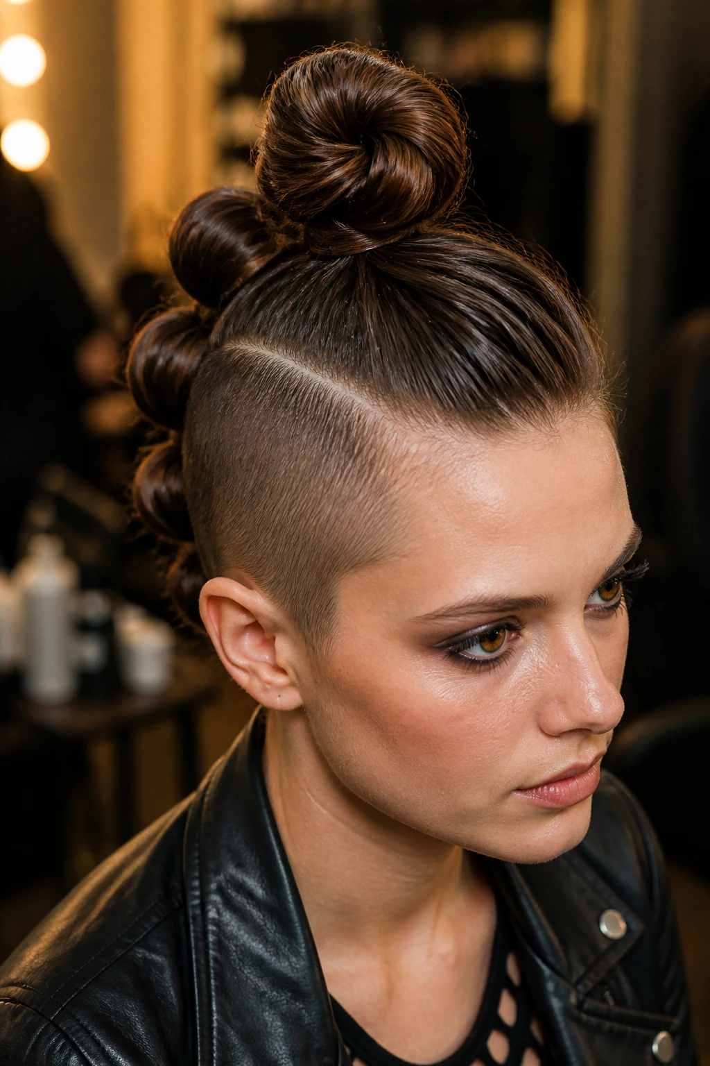 Close-up of a person with a mohawk bun stack hairstyle