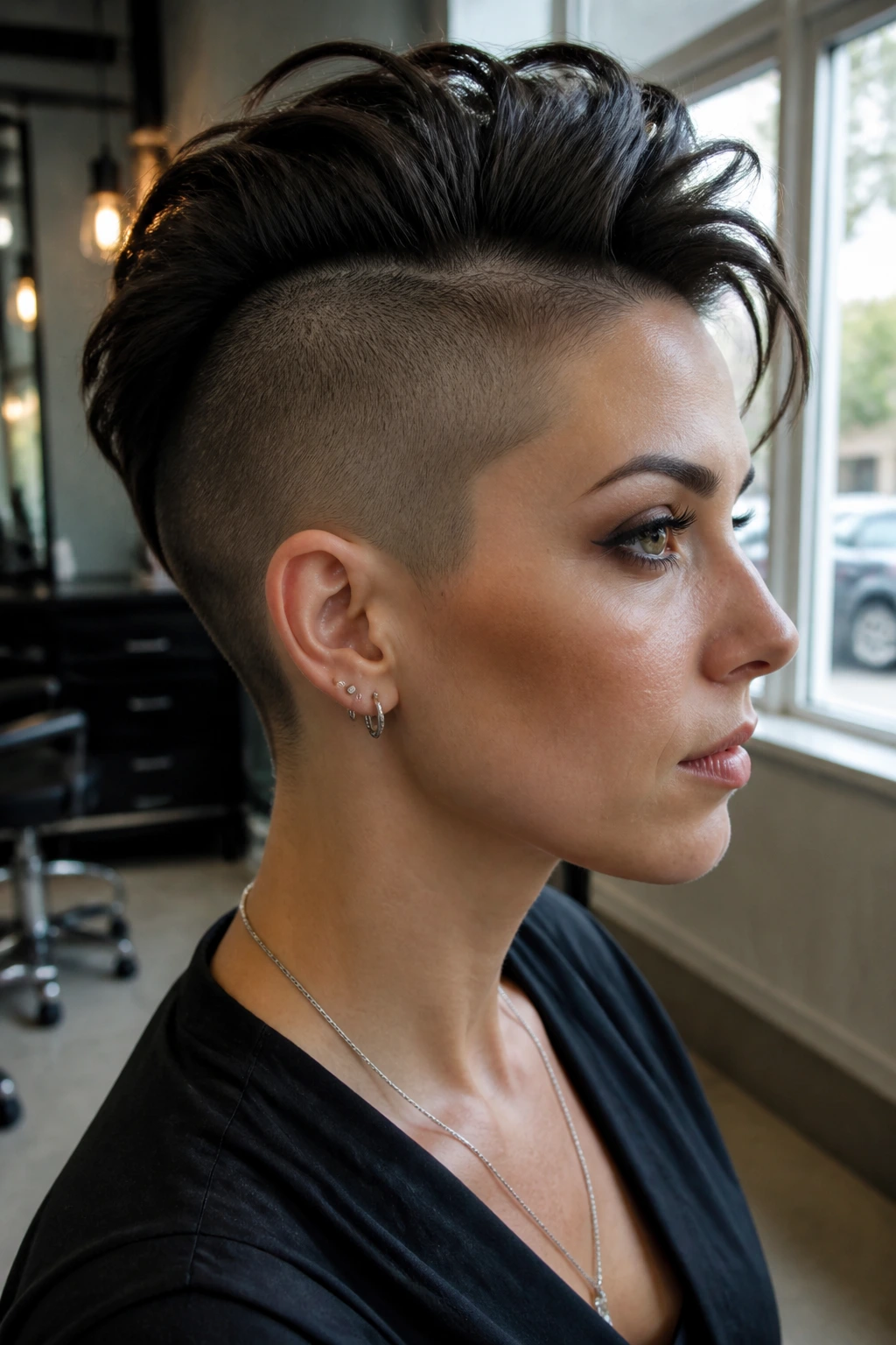 Portrait of a woman with mohawk-inspired center strip undercut.