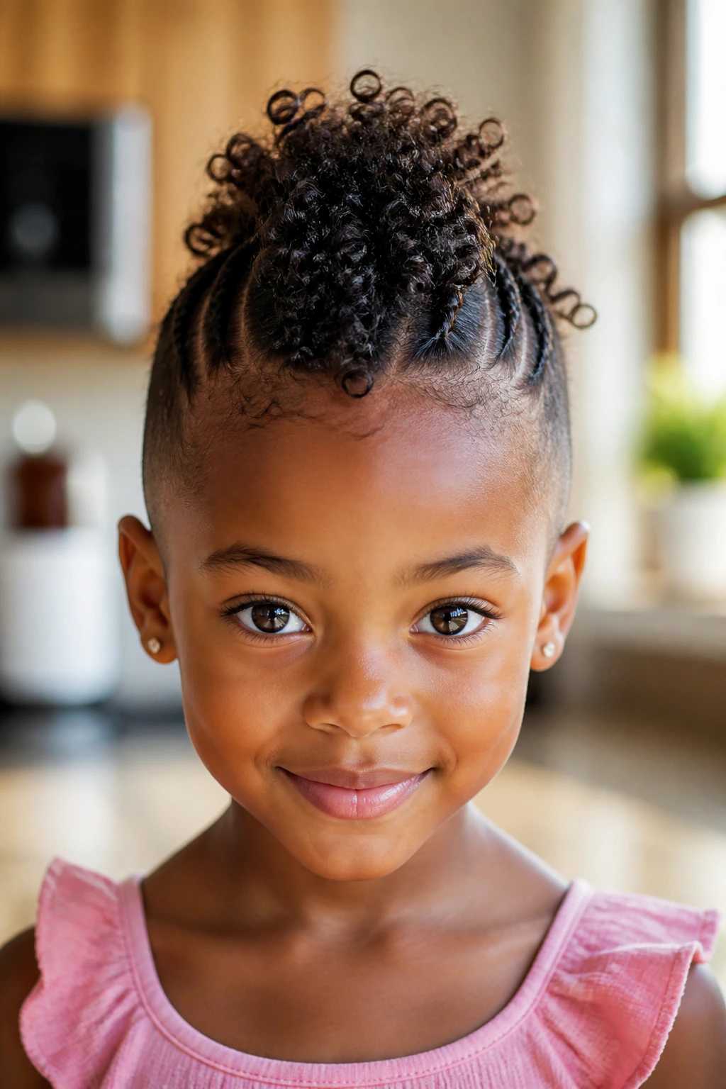 Close-up of a young girl with a soft mohawk in a cozy home setting