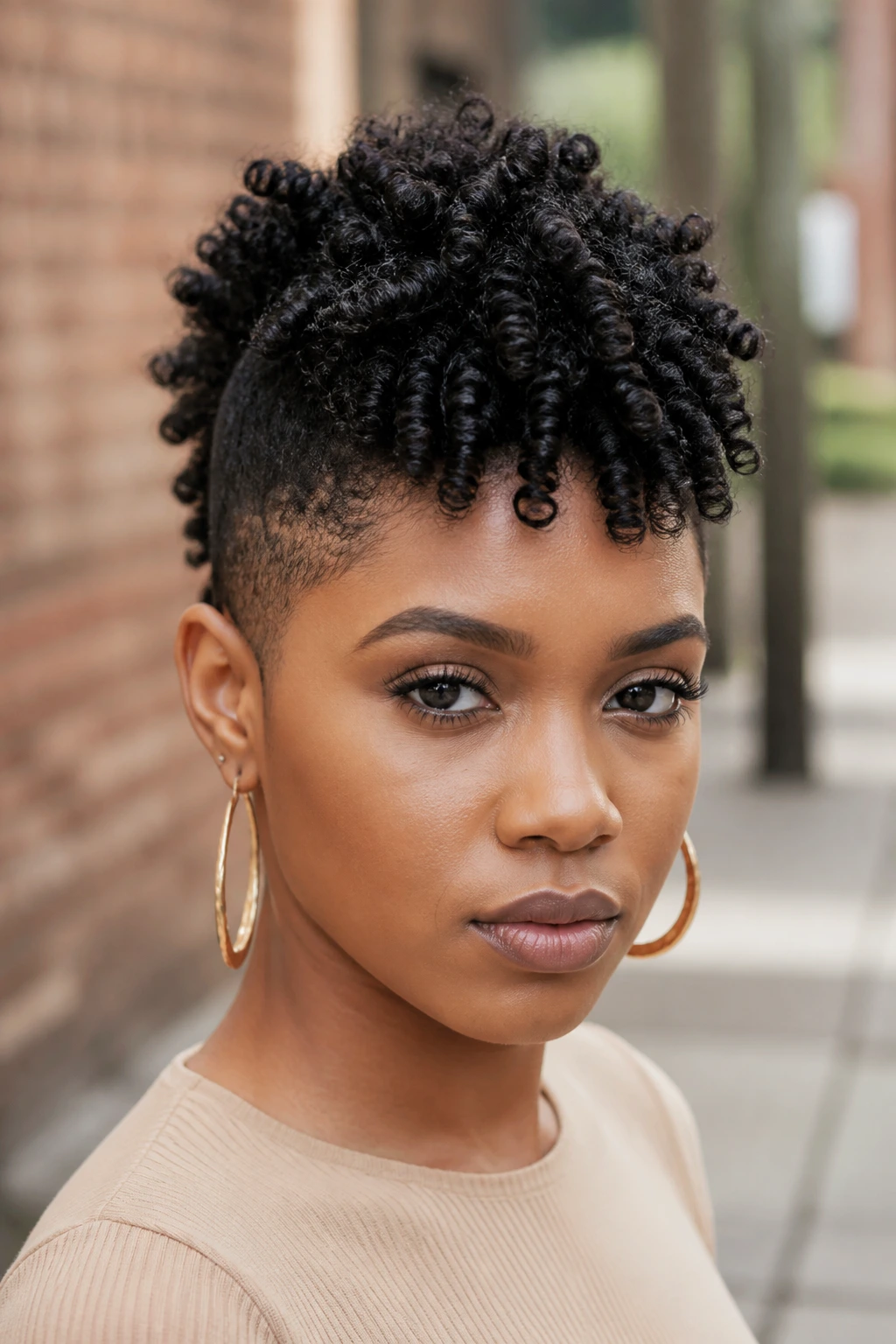 Portrait of a person with a Mohawk of coils and tapered sides.