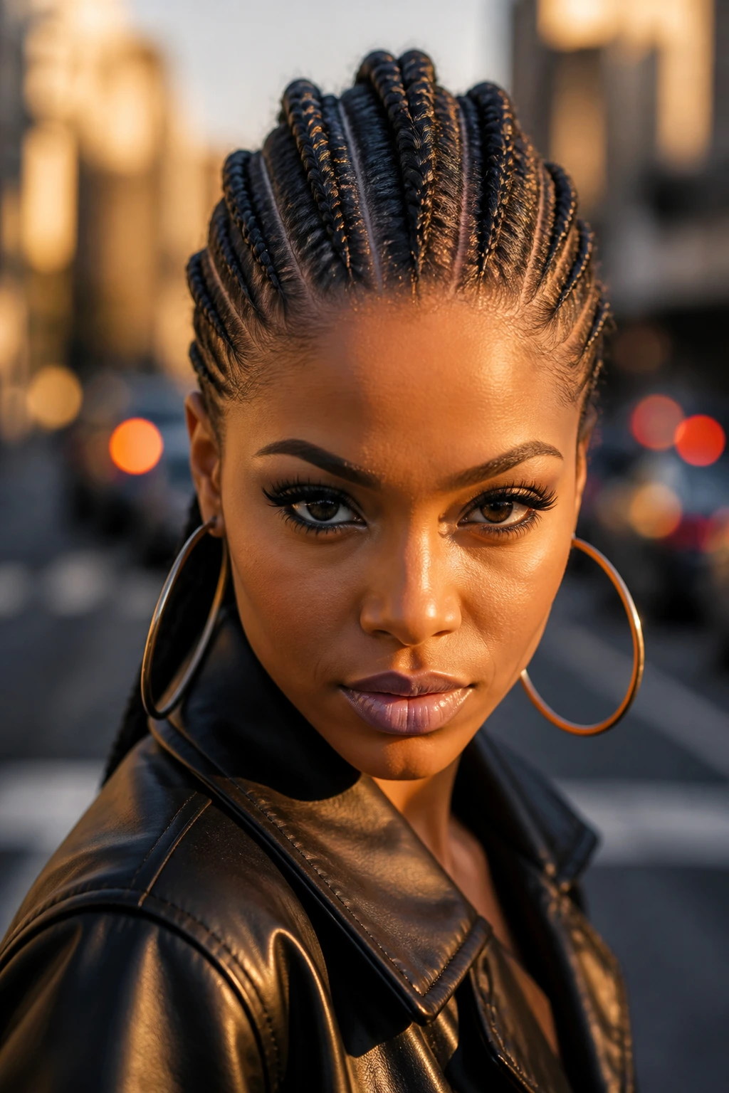 Close-up portrait of a real person with a centered Mohawk cornrow look