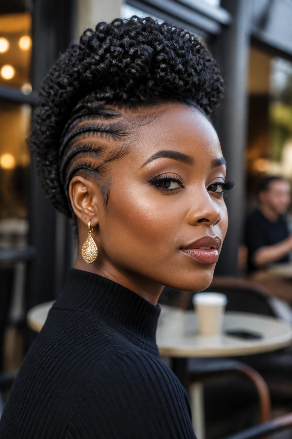 Close-up portrait of real Black woman with tall mohawk crochet braid showing strong silhouette.