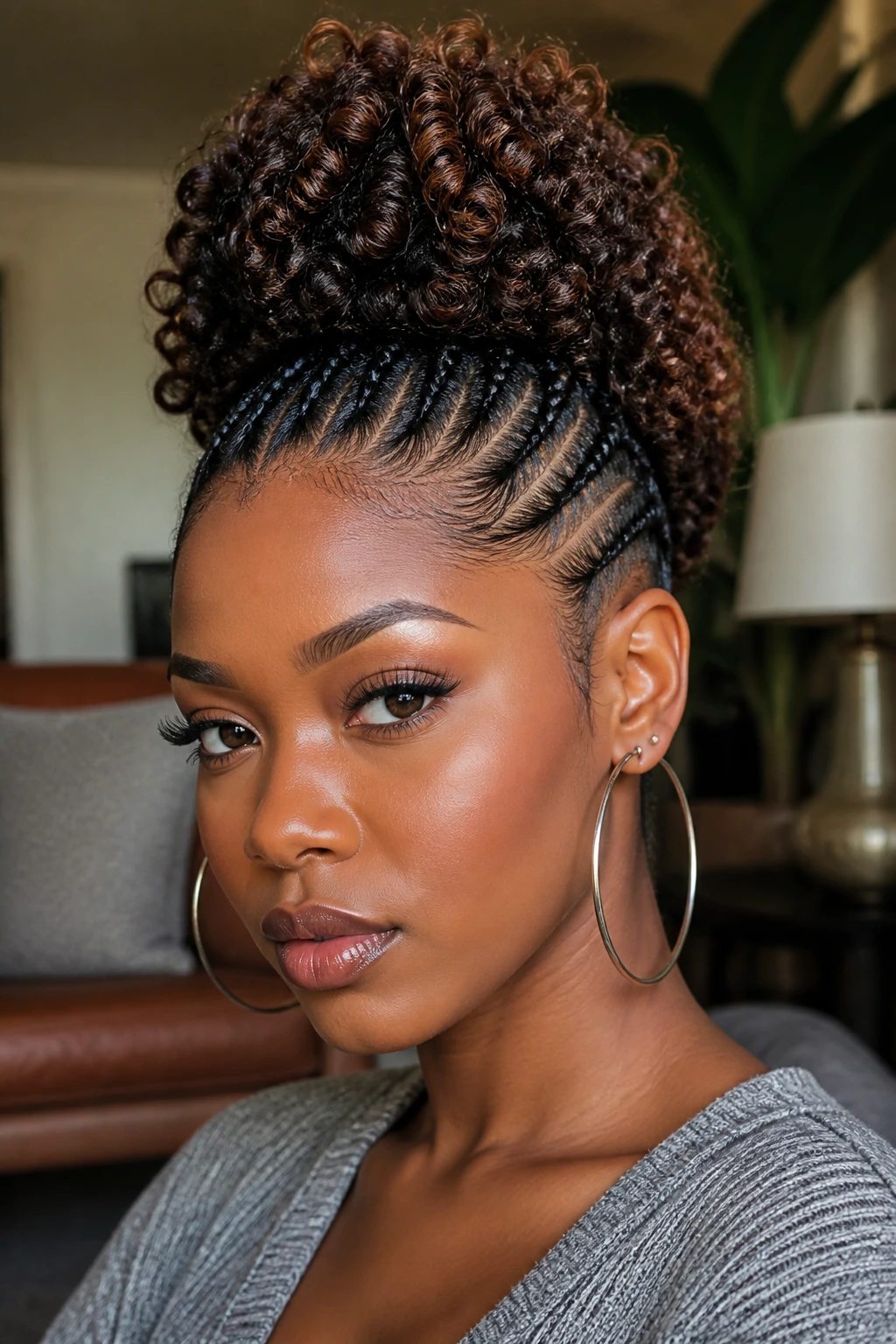 Close-up portrait of a woman with Mohawk crochet braids featuring a raised center ridge and tight sides.