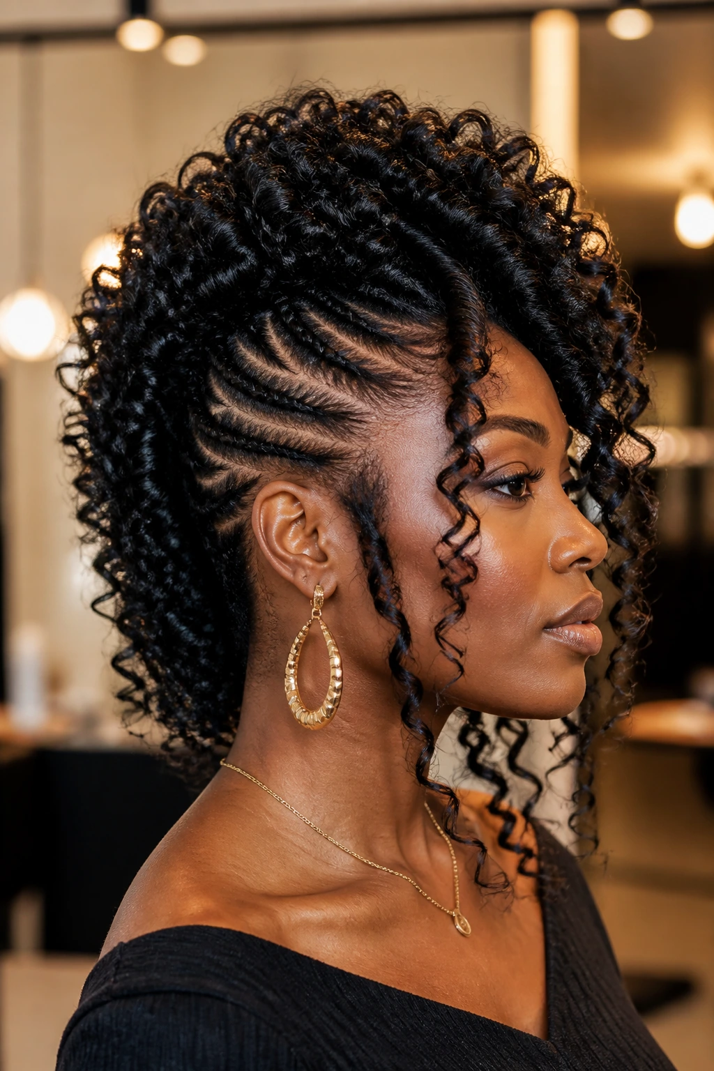 Close-up portrait of a real woman with a mohawk crochet braid showing crown height and neckline