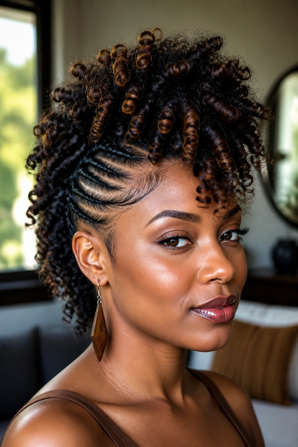 Close-up of a real person with mohawk crochet braid showing crown height and texture contrast with color highlights