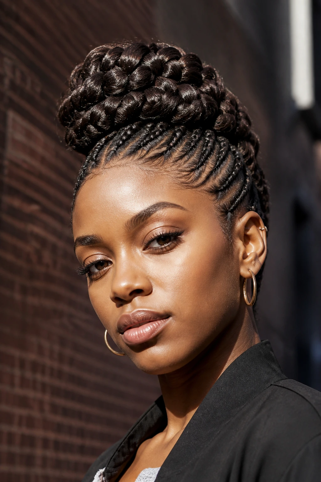 Close-up of a woman with a mohawk-inspired crown braid on urban street