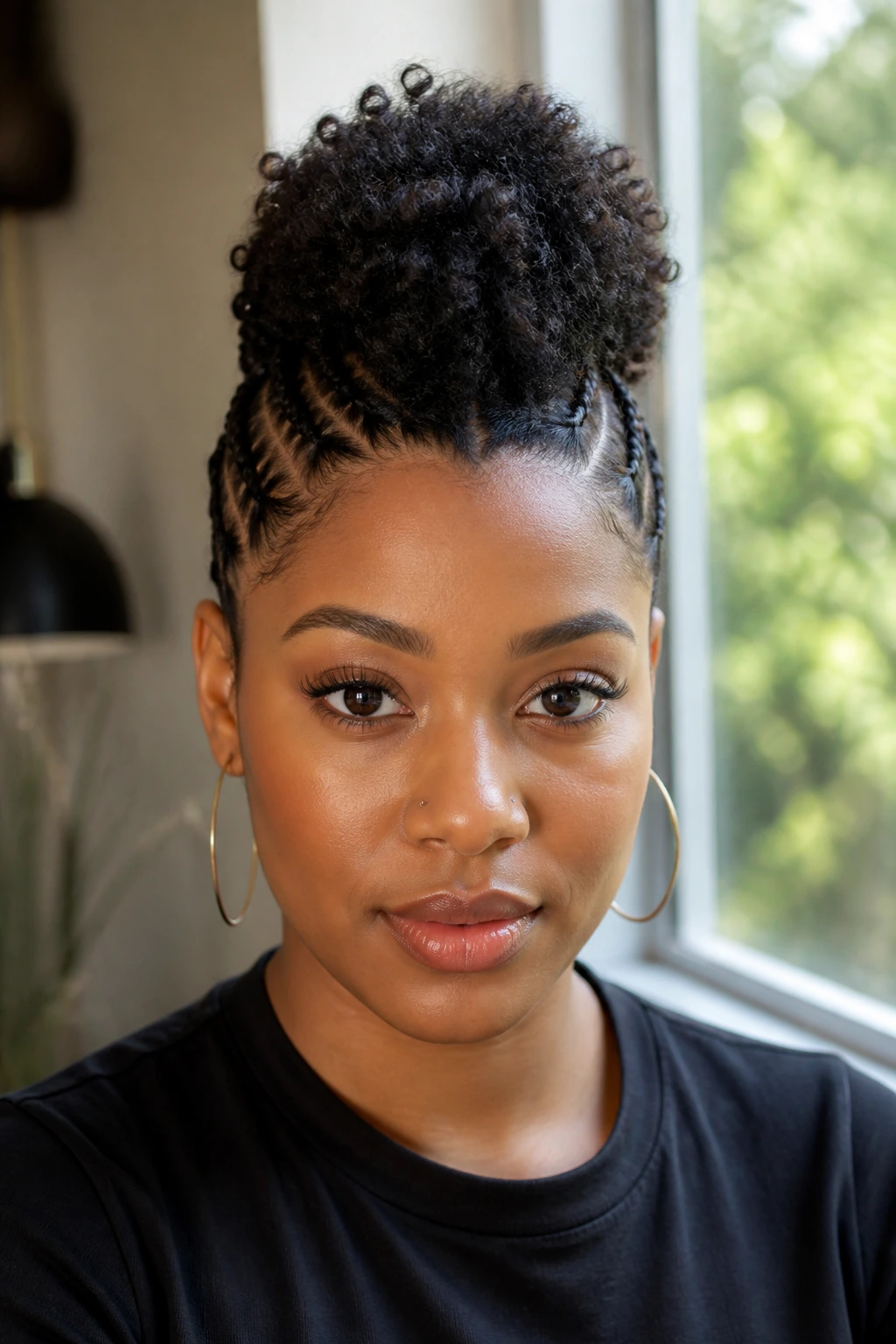 Close-up of a real person with a curly puff mohawk on top and braided sides