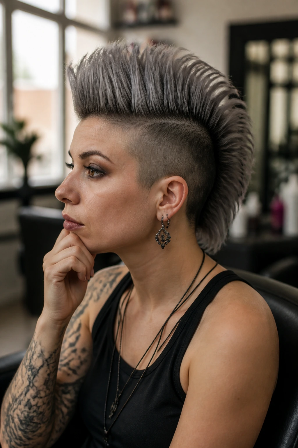 Thoughtful portrait of a person with mohawk in a salon setting