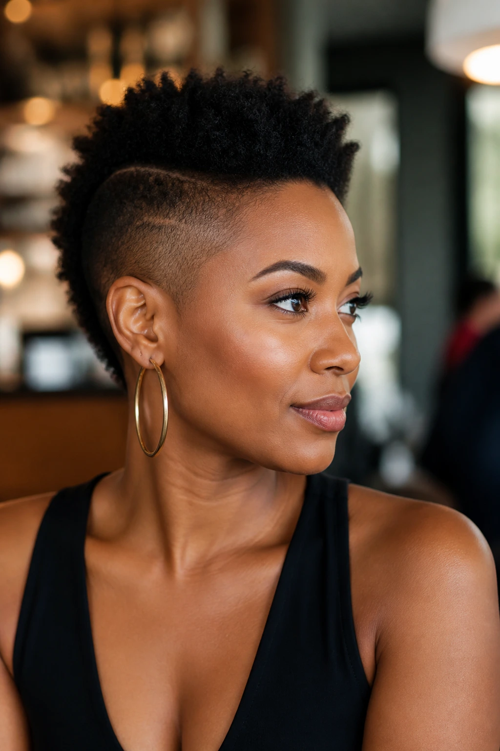 Portrait of a Black woman with a short mohawk and hoop earrings in a cafe setting