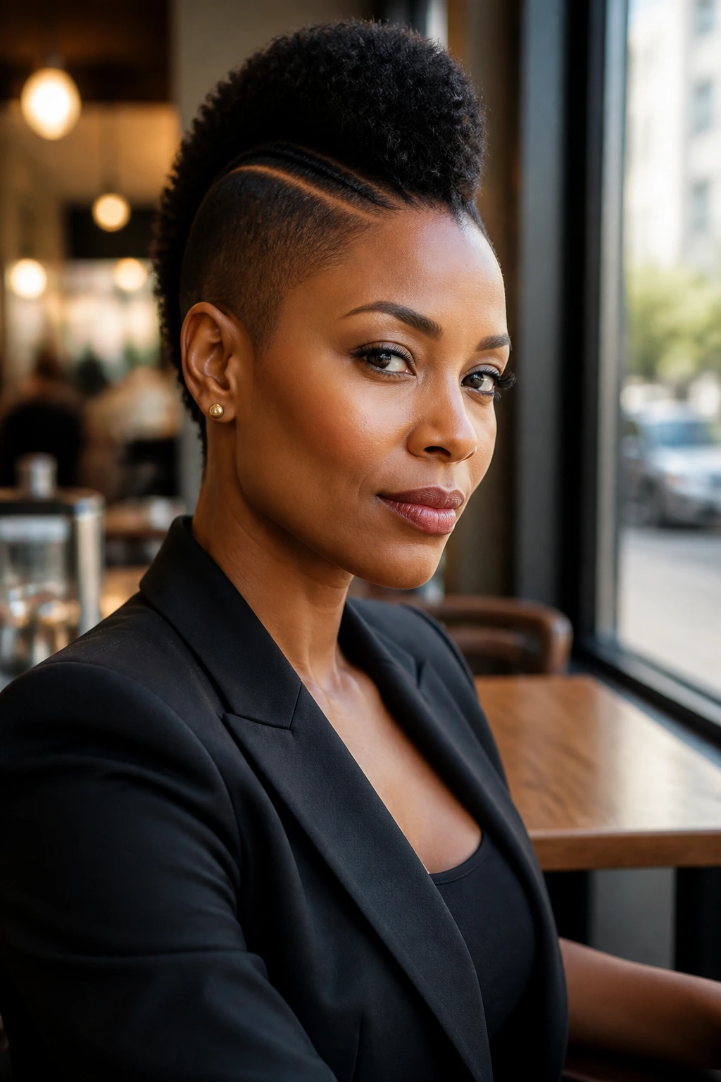 Real woman with sleek mohawk wearing blazer in a cafe setting