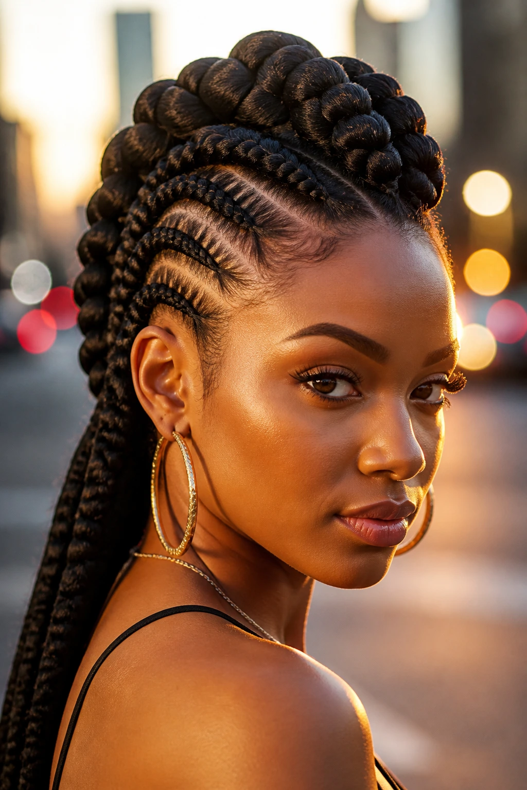 Close-up portrait of a real woman with a center mohawk-inspired goddess braid