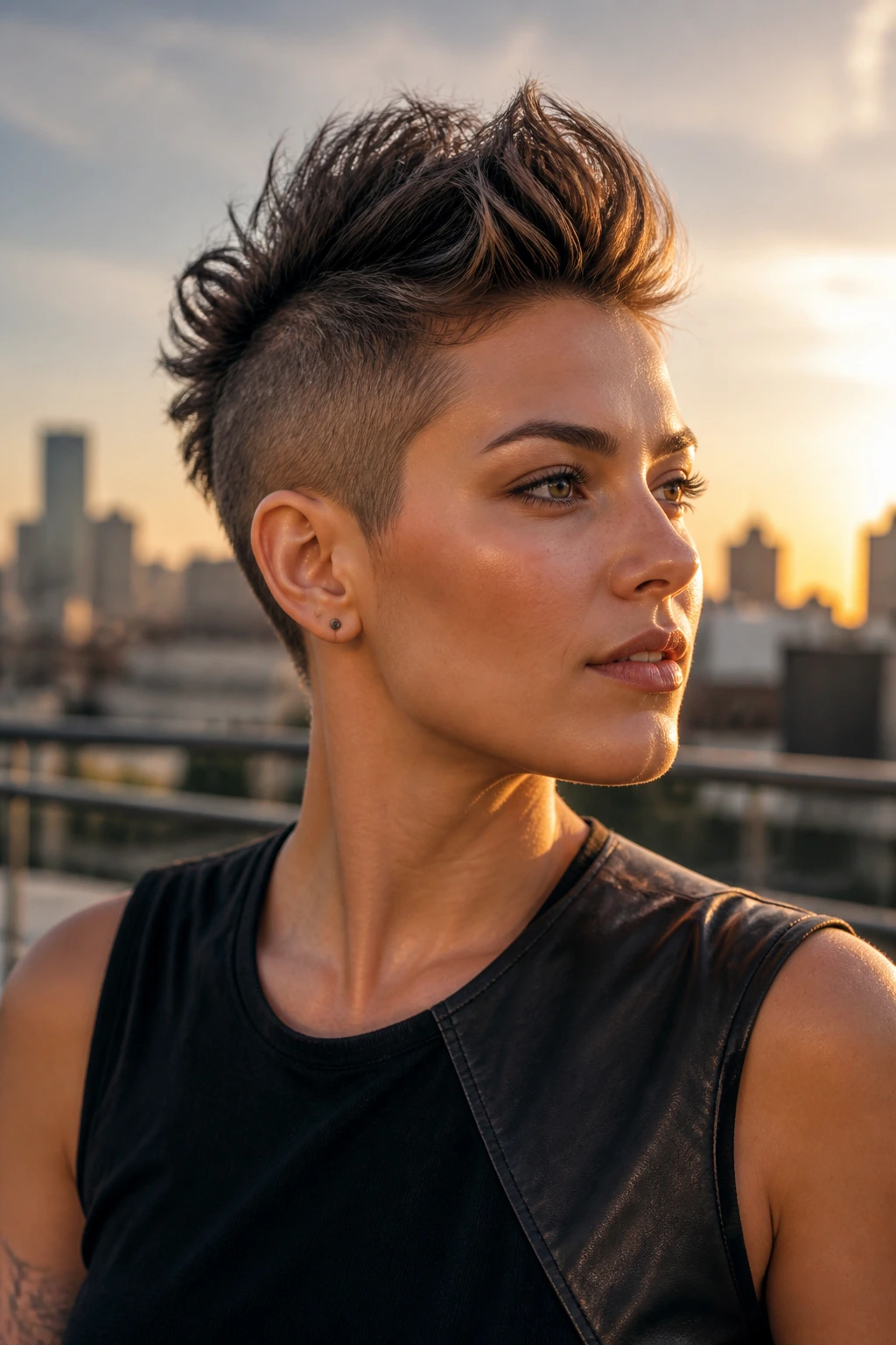 Head-and-shoulders portrait of real person with mohawk-inspired undercut pixie on a city rooftop.