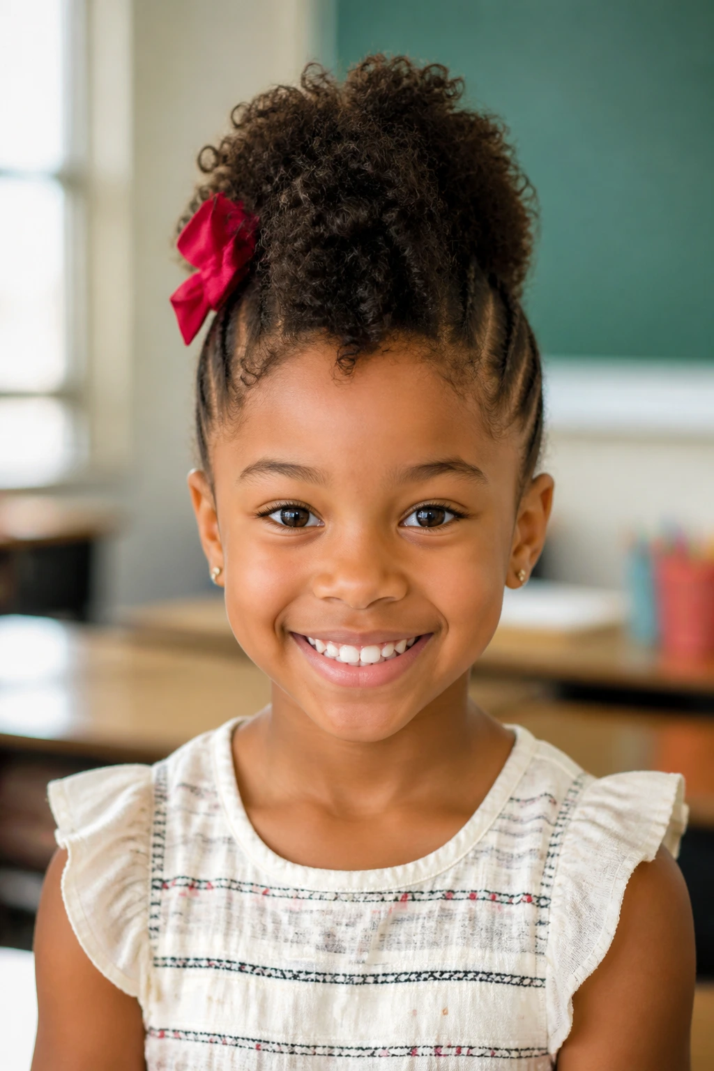 Front-facing girl with a crown mohawk in a soft-lit setting