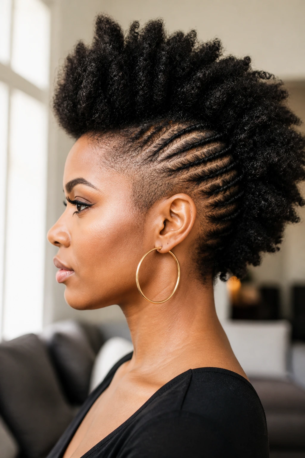 Portrait of a woman with a tailored mohawk in a cozy indoor setting