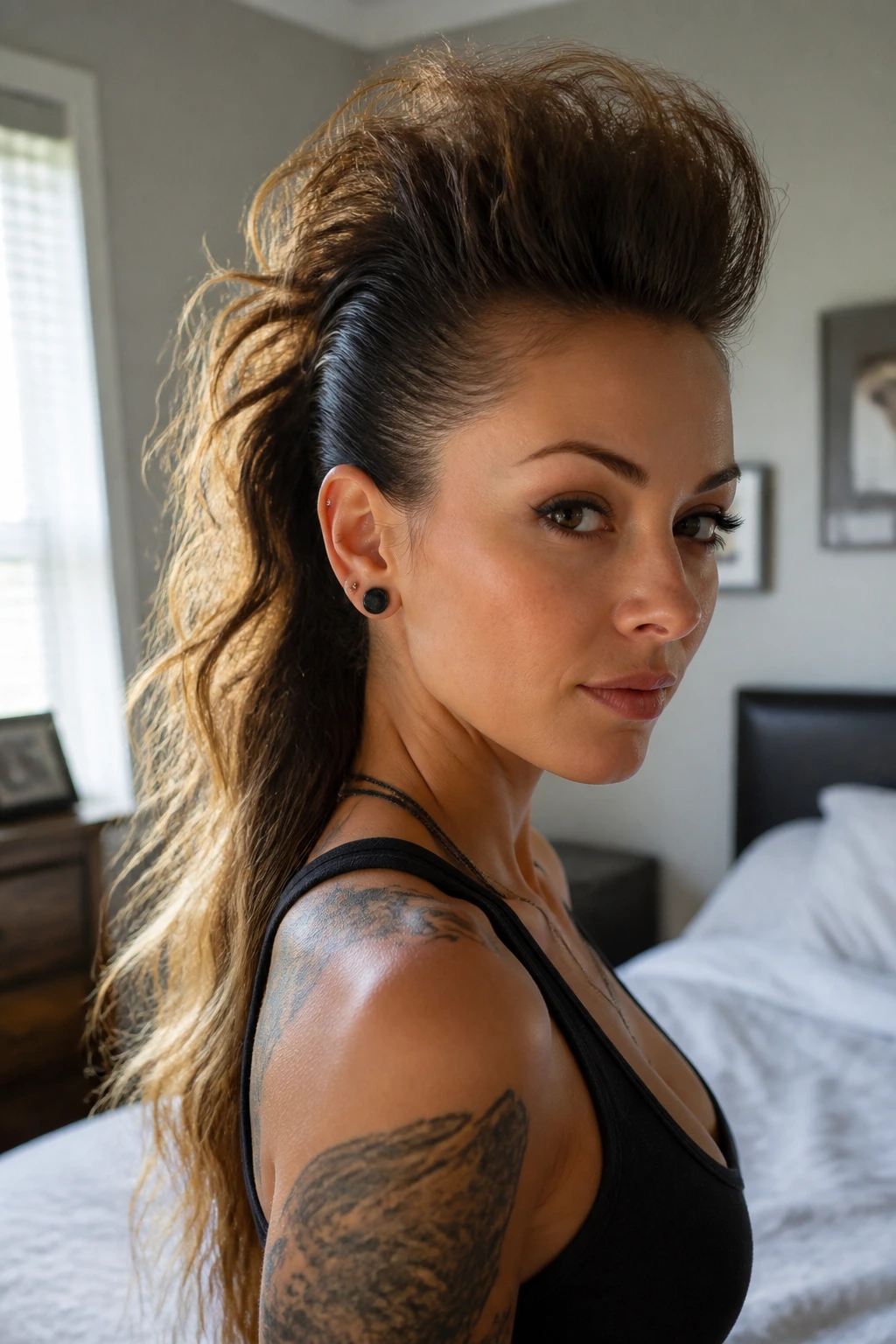 Close-up portrait of a real person with a bold mohawk silhouette created from long hair