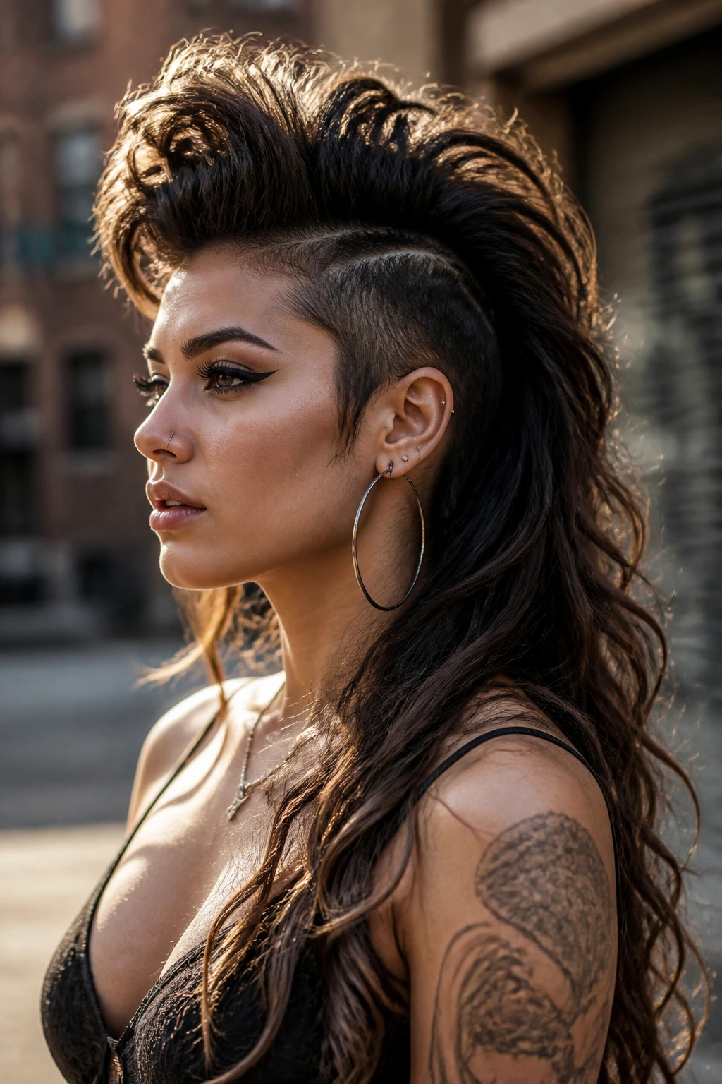 Portrait of a woman with long hair in a bold mohawk silhouette on an urban street at golden hour