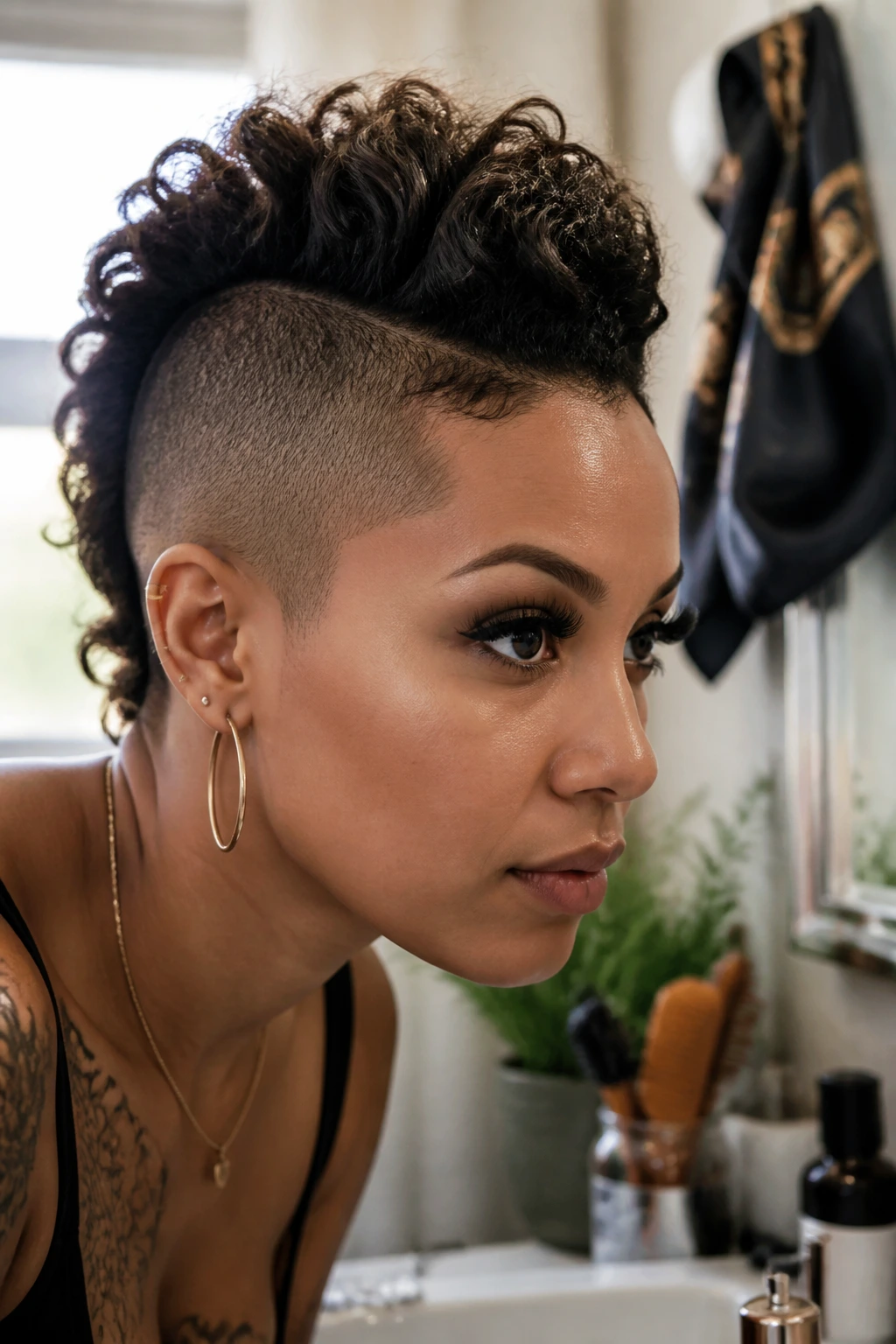 Close-up of a real woman with a sharp mohawk in a warm bathroom setting