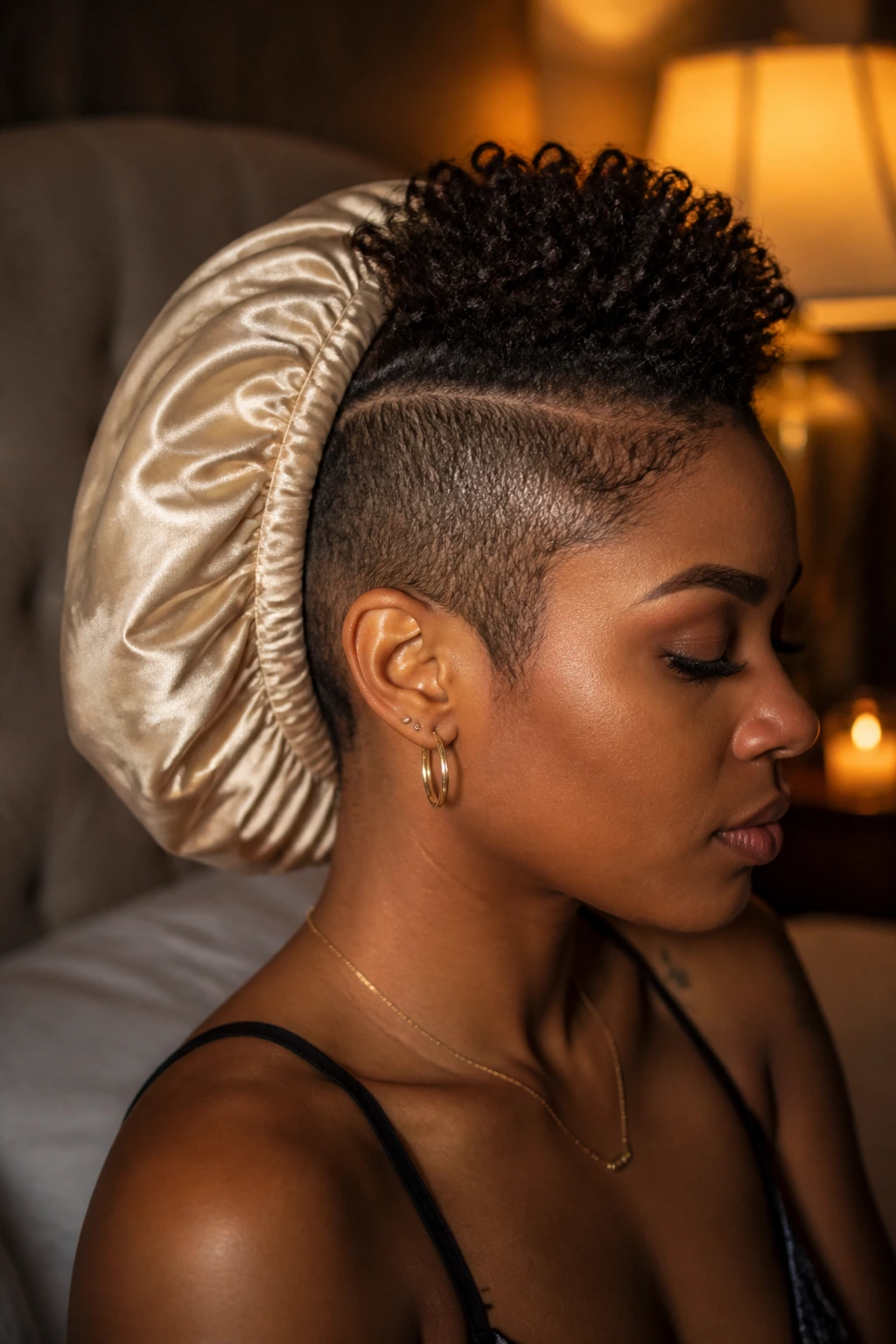 Portrait of a woman with mohawk wearing satin bonnet in a cozy bedroom at night.