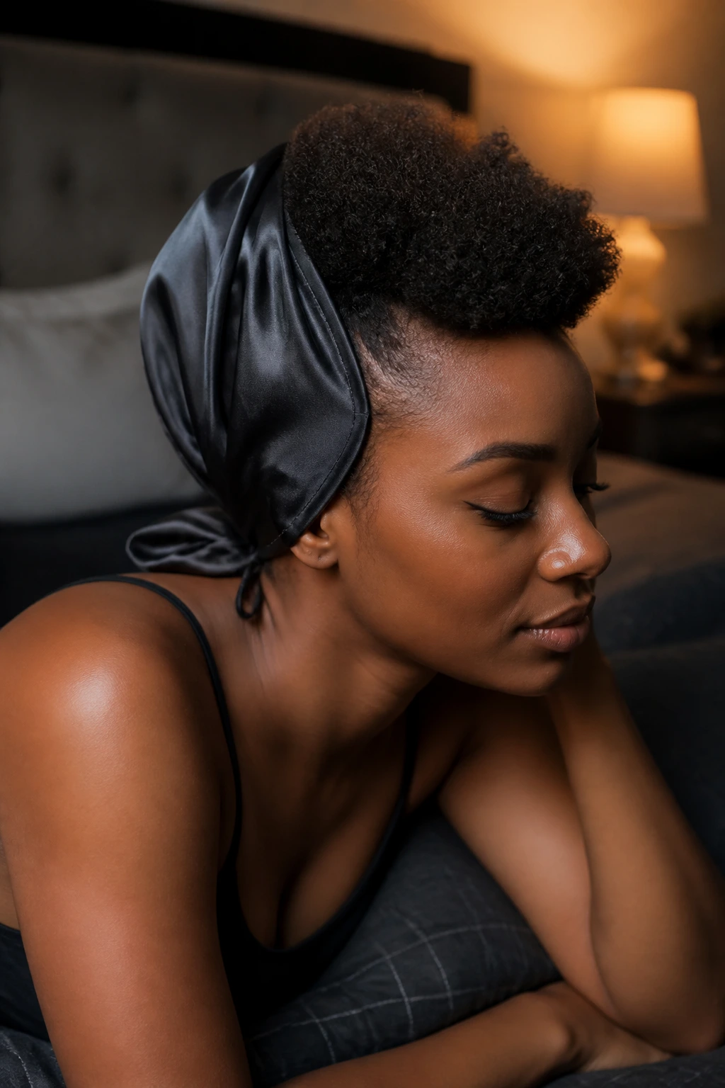 Person wearing a satin scarf at night to protect their mohawk