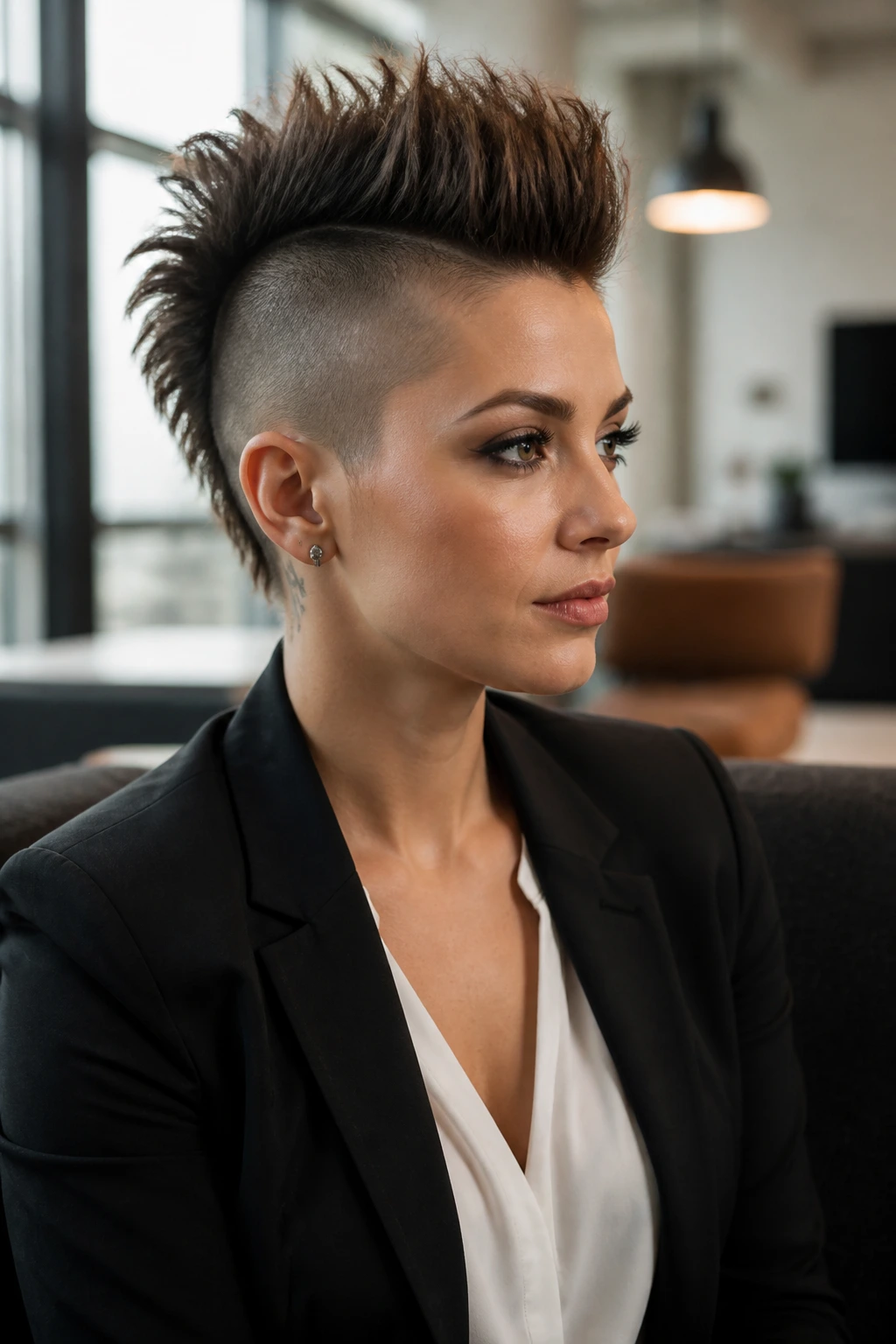 Portrait of a woman with a mohawk wearing a blazer in an office setting.
