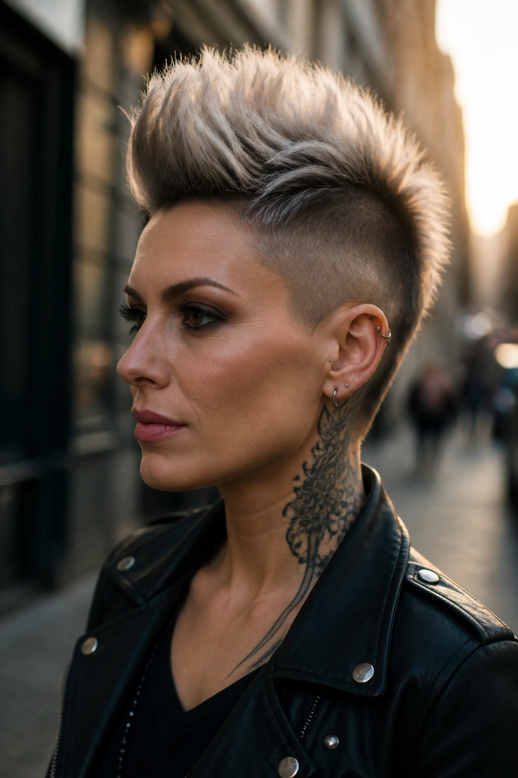 Close-up portrait of a real woman with mohawk pixie hairstyle