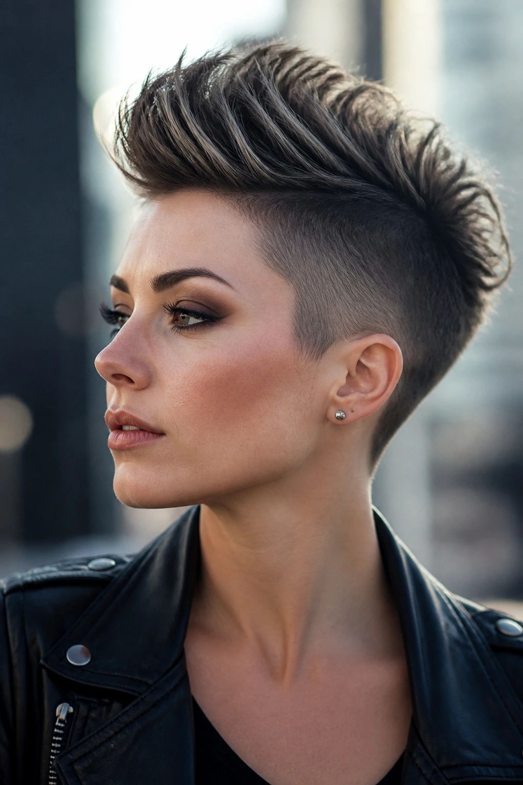 Close-up portrait of a woman with a high mohawk-inspired pixie in daylight, bold silhouette
