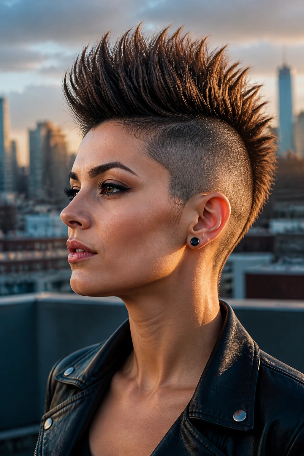 Close-up portrait of a real woman with a tall crown mohawk-inspired pixie hairstyle against a city rooftop backdrop