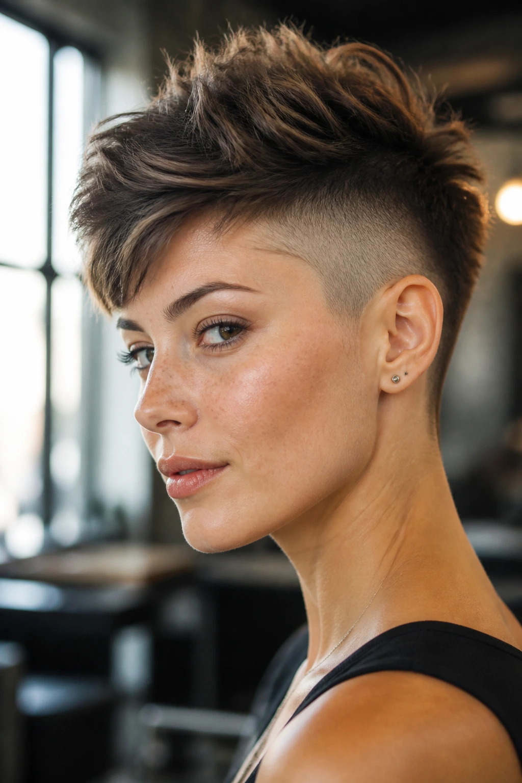 Close-up portrait of a real woman with a mohawk-inspired pixie hairstyle highlighting a center ridge and shaved sides