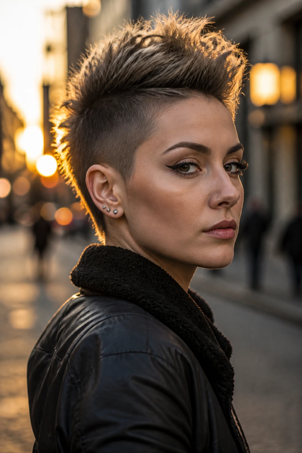 Close-up portrait of a real woman with a center ridge Mohawk pixie