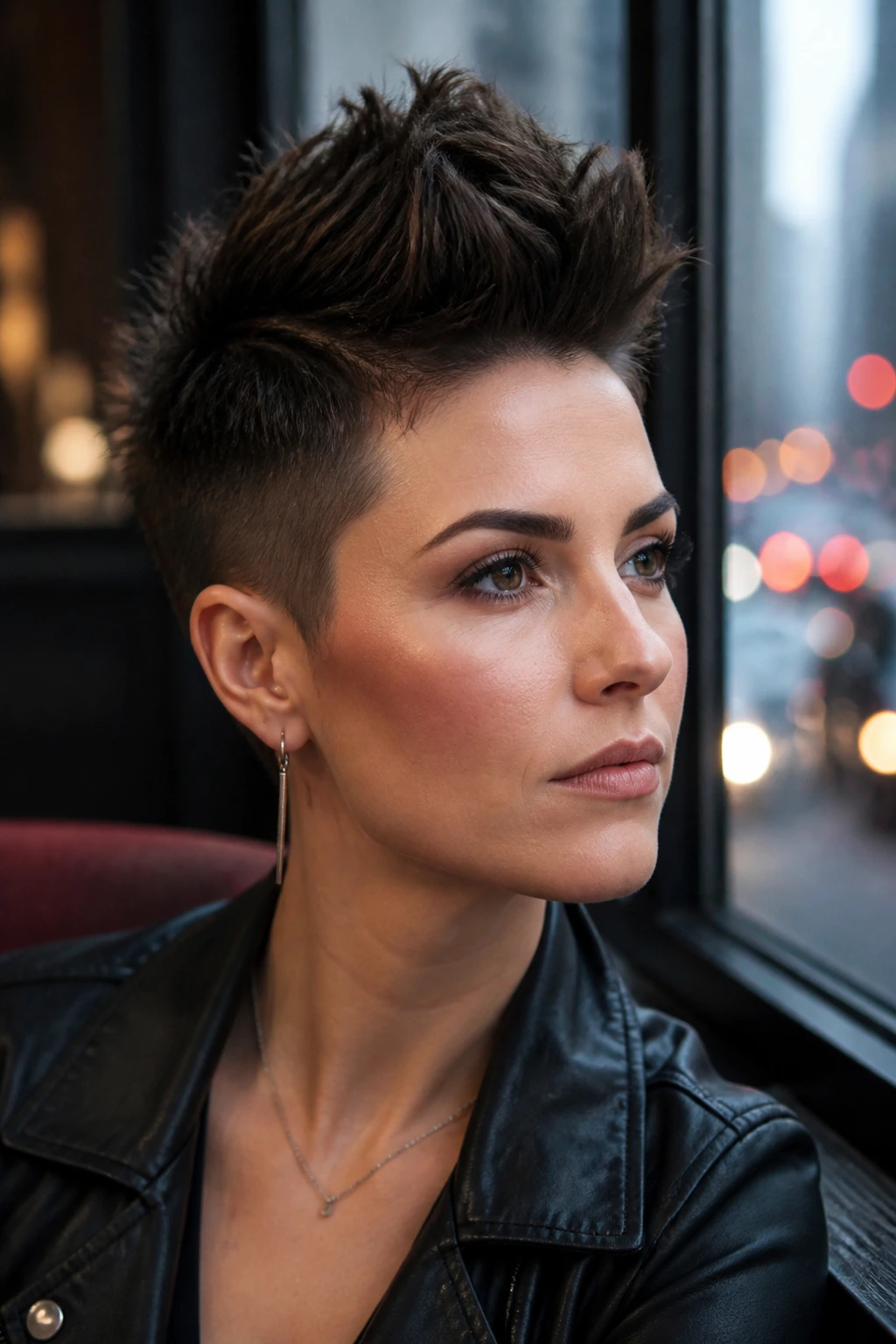 Real woman portrait with Mohawk-Inspired Pixie hairstyle showing center ridge