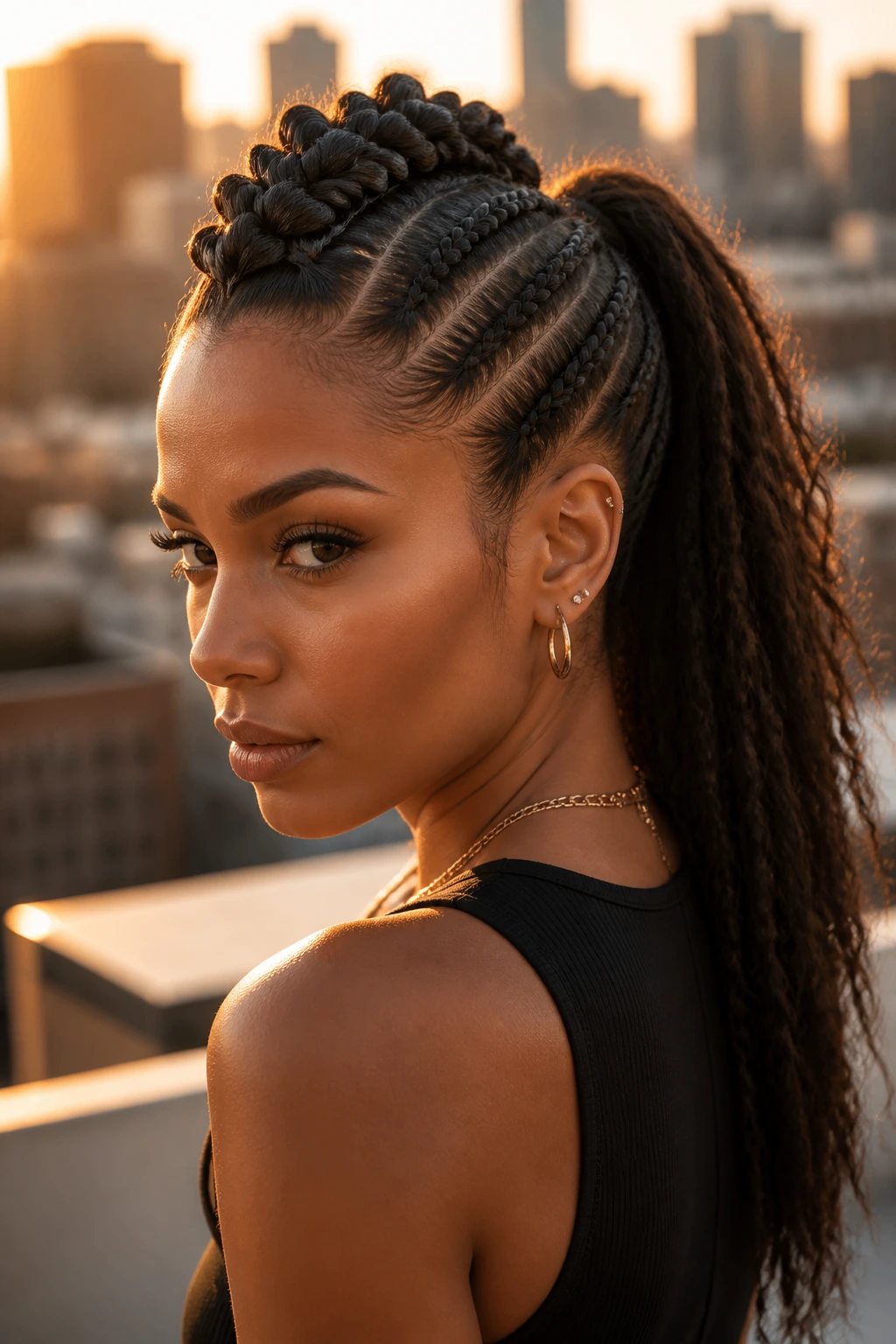 Close-up of a person with a center spine braid forming a mohawk and back ponytail.