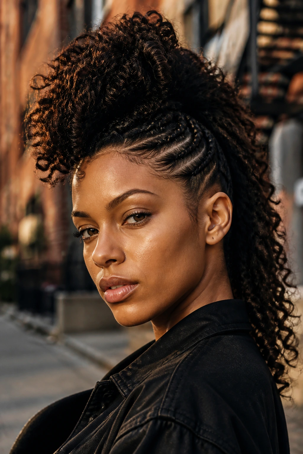 Bold mohawk ponytail on a real woman in an urban setting at golden hour.
