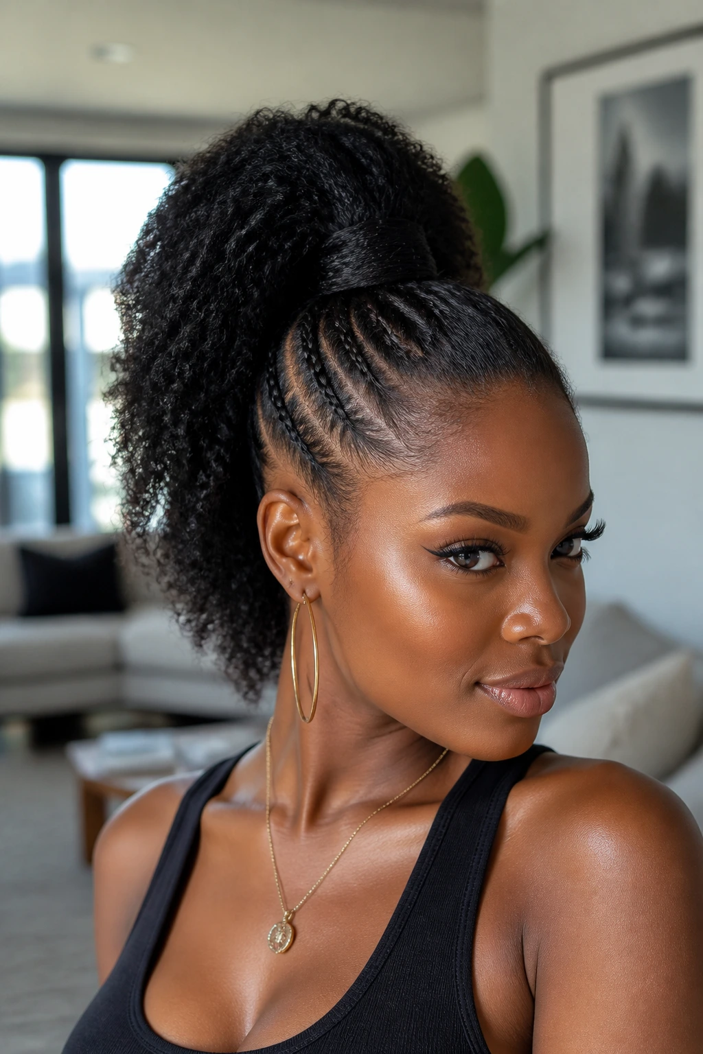 Close-up of a Black woman with a high mohawk ponytail wrapped at the base