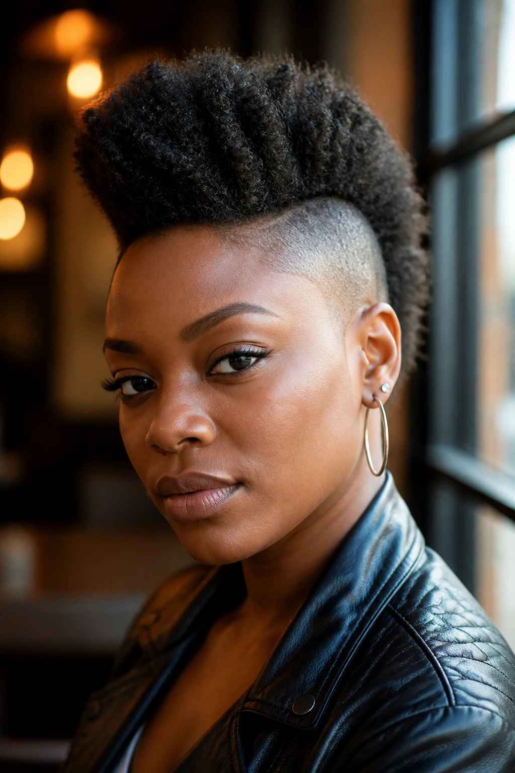 Close-up portrait of a real Black woman with a short mohawk in a cafe setting.