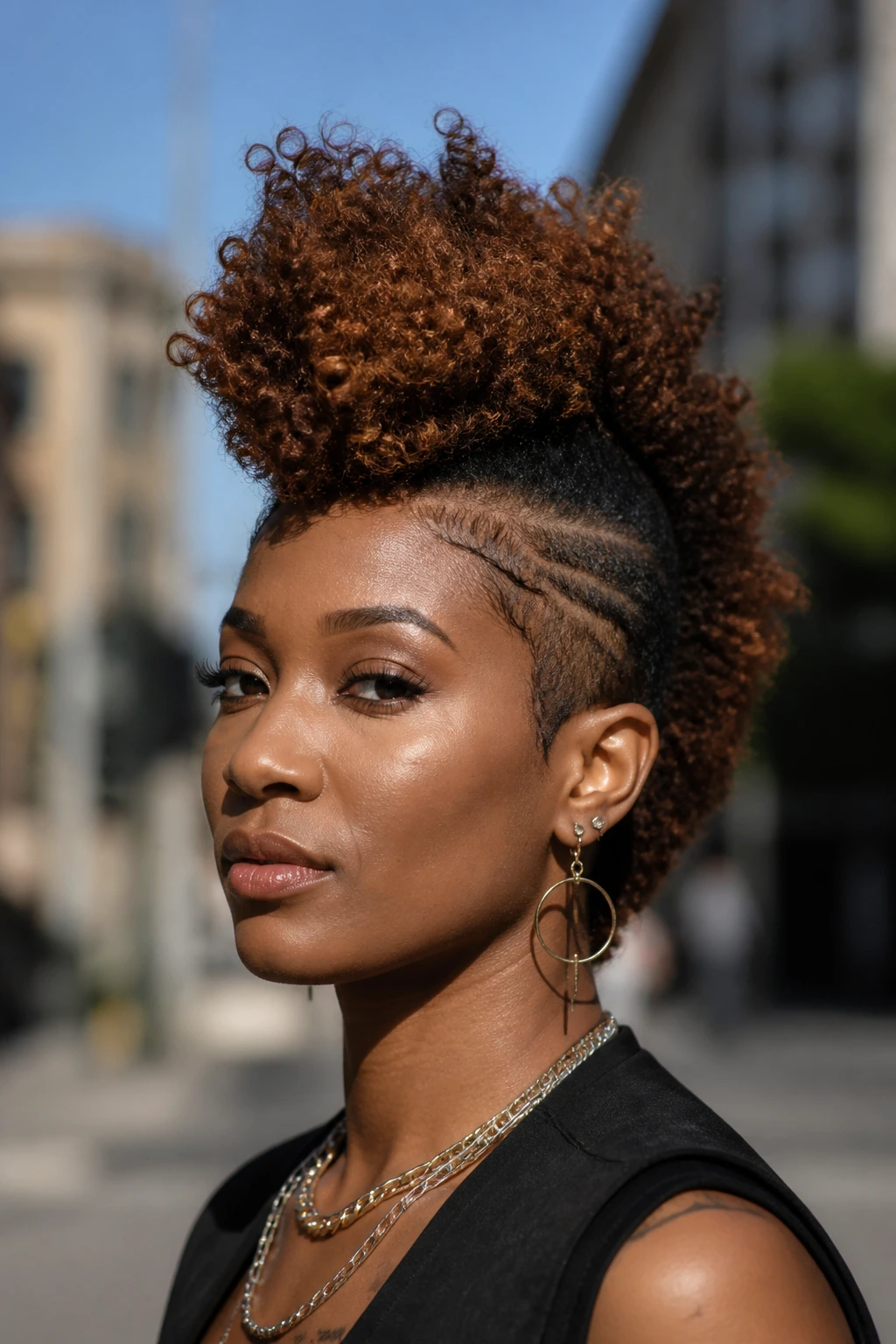 Portrait of a Black woman with a tall mohawk, front and side view