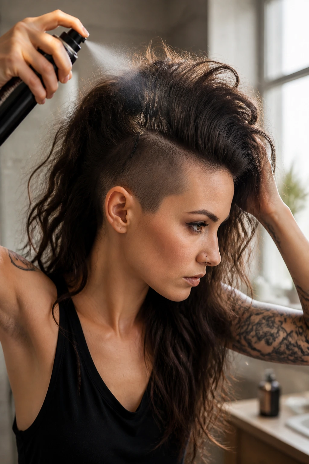 Close-up of a real woman with a mohawk base being prepped at the roots with dry shampoo.