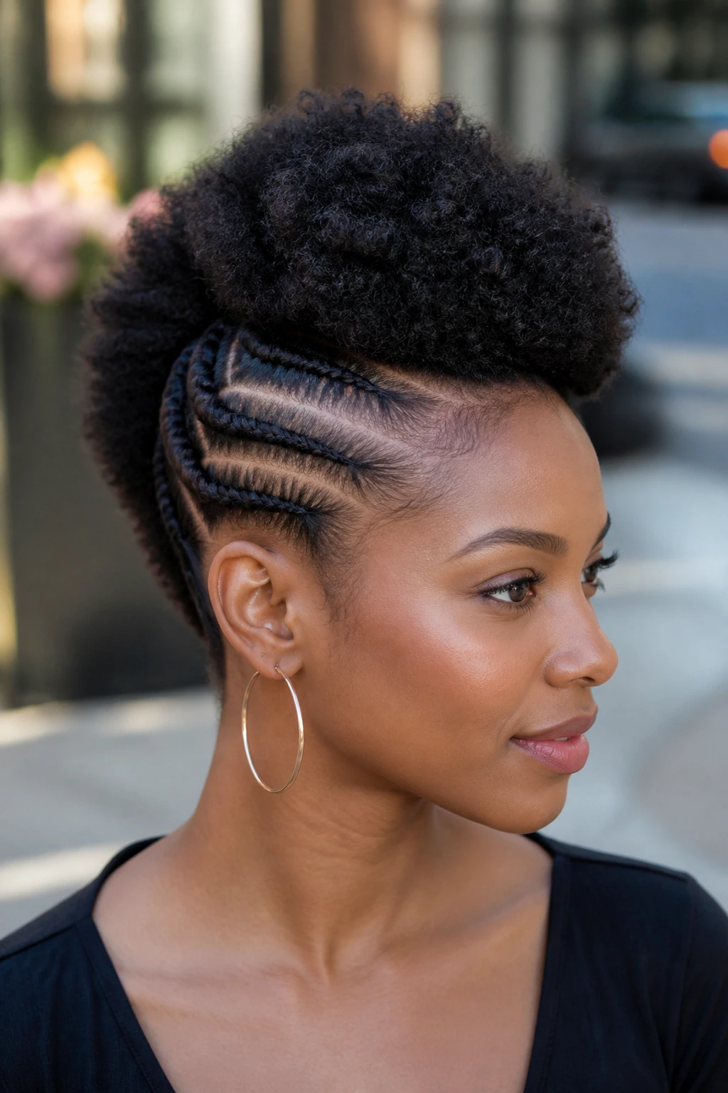 Portrait of a real person with mohawk puff and flat-twist sides