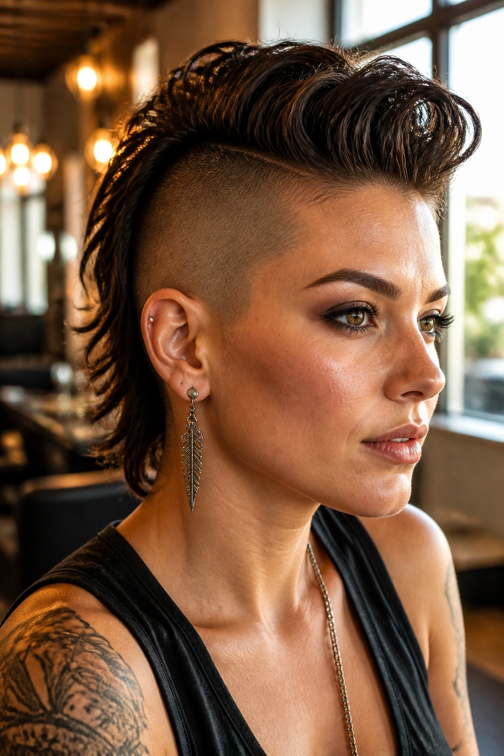 Portrait of a real woman with a mohawk showing range of silhouettes in a warm salon setting