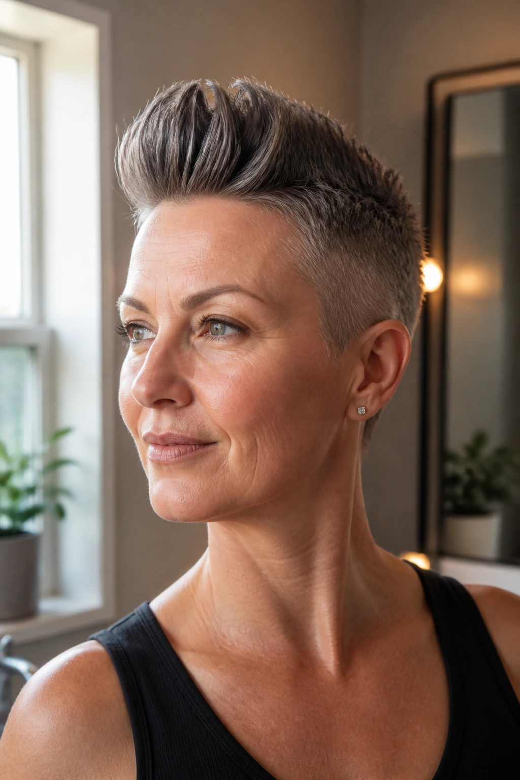 Close-up of a real woman with a mohawk ridge formed by root lift