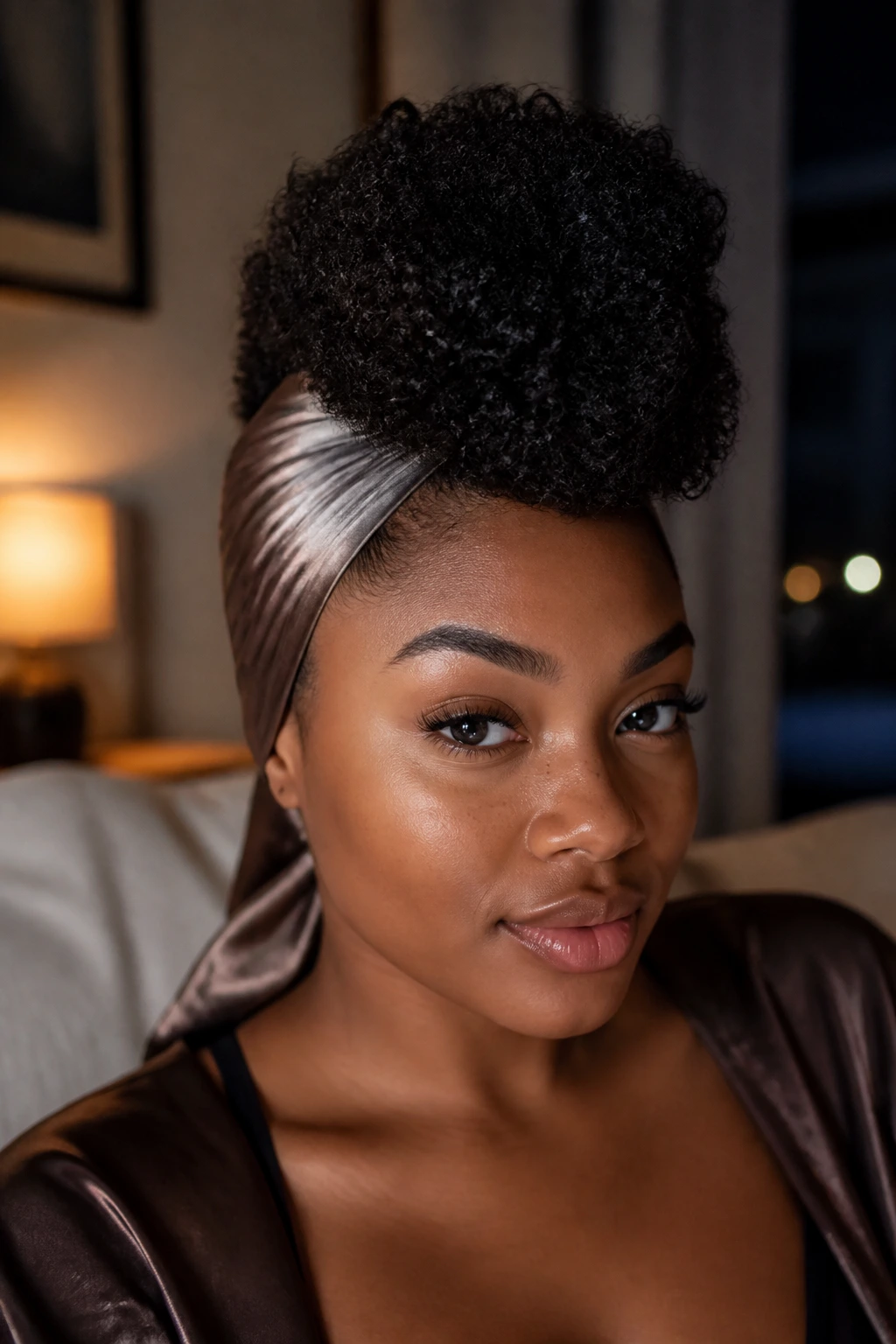 Nighttime portrait with satin wrap protecting a mohawk