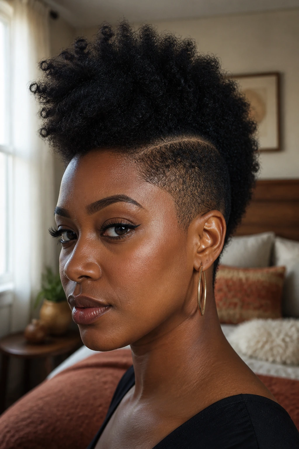 Close-up of a Black woman with a mohawk shape showing tall ridge and low sides.